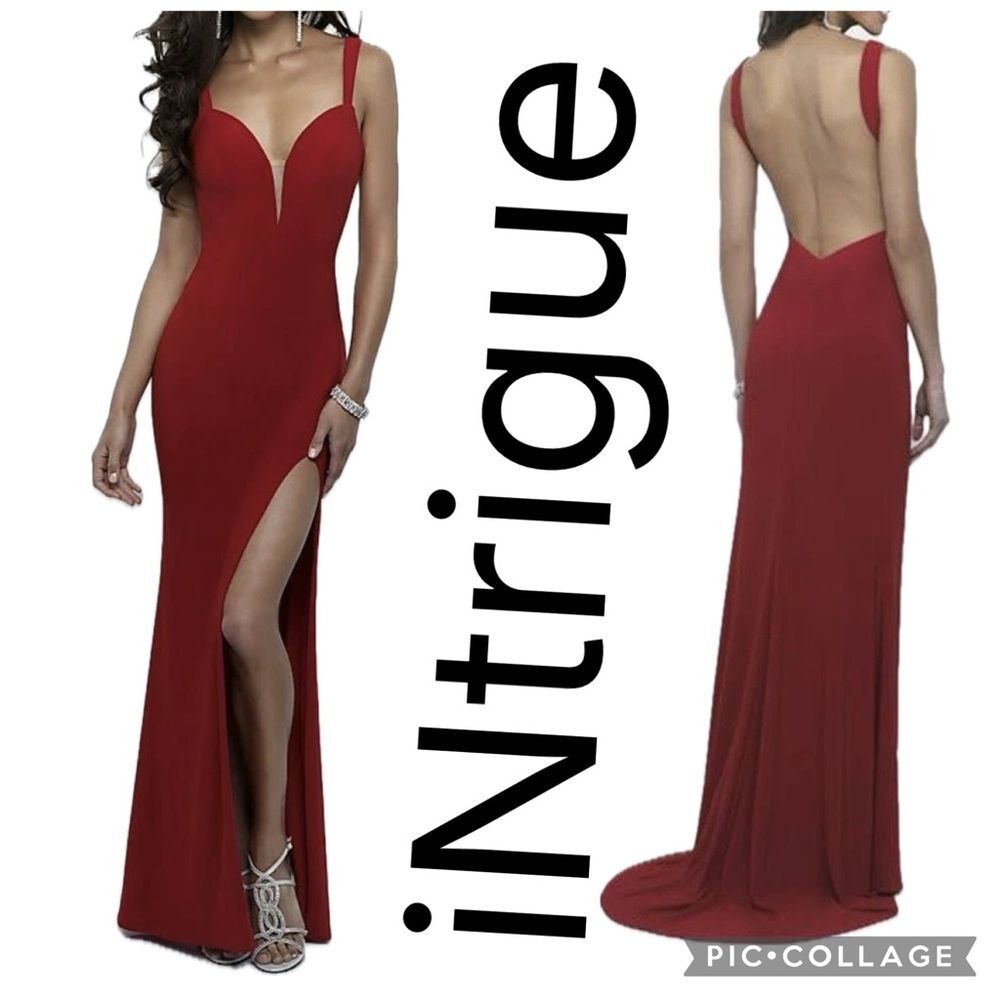 (R1) NWT, iNtrigue, red dress, very long with train,open back 16,thigh-high slit